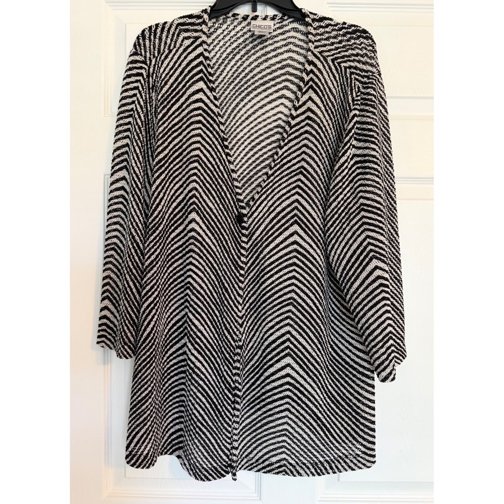 Chico's Black White Chevron Zig Zag Open Front Cardigan Sweater Size 3 XL